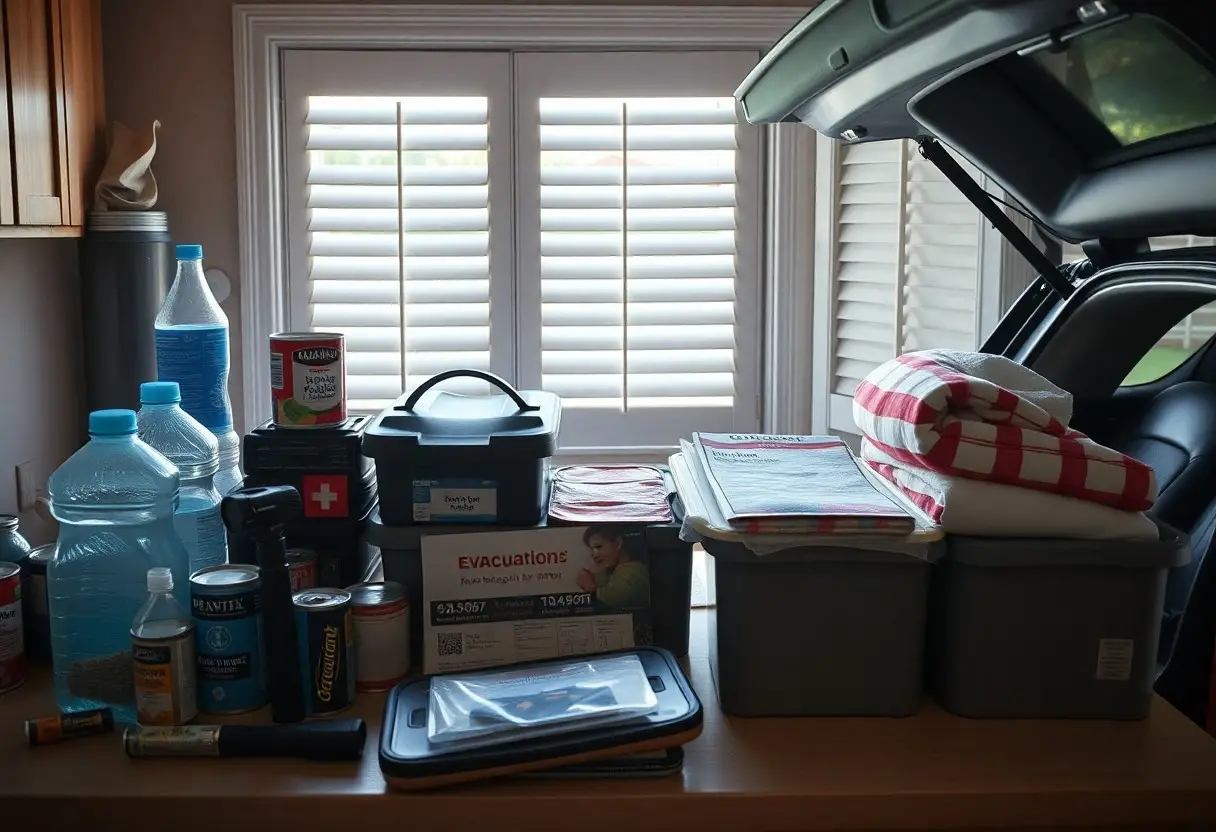Emergency supplies including water, canned food, a first aid kit, blankets, and storage bins are organized on a table next to an open car trunk under a window with shutters.