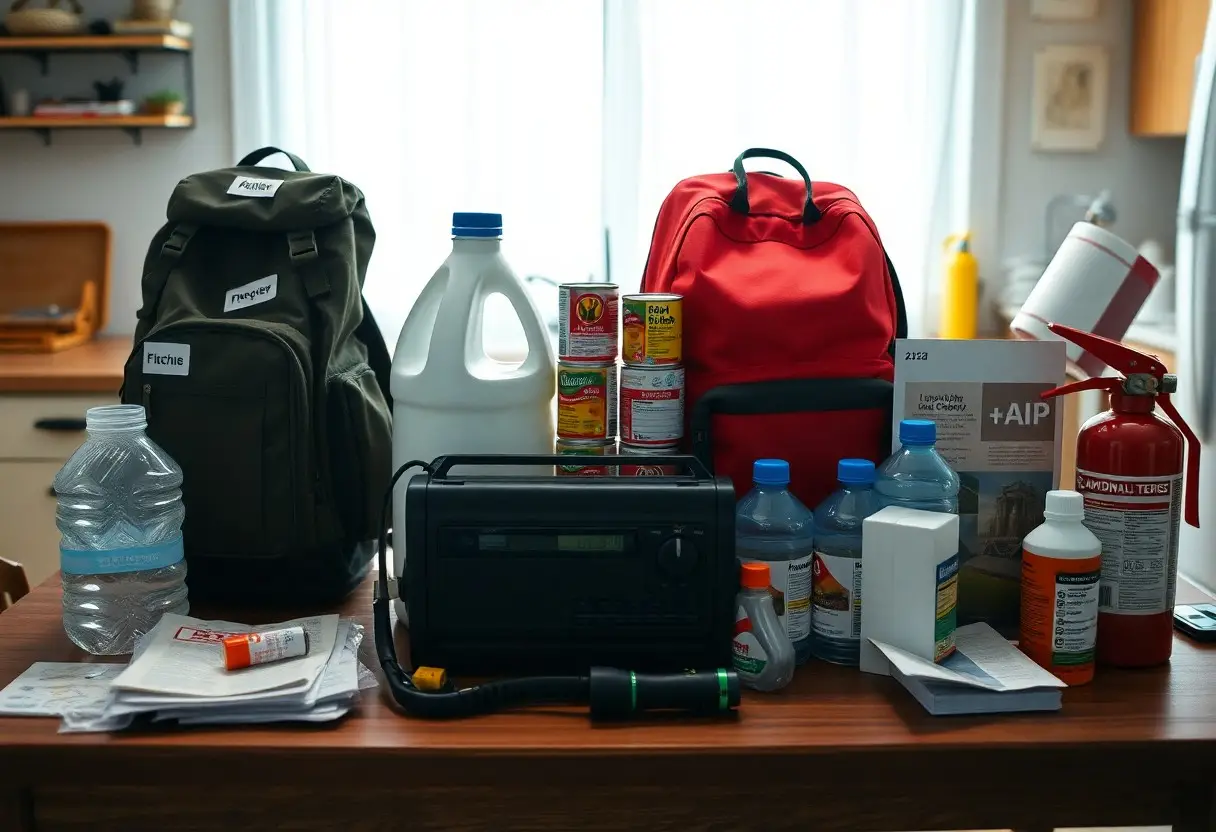 A table displays emergency supplies including backpacks, bottled water, canned food, a radio, a flashlight, medications, bleach, sports drinks, a fire extinguisher, and first aid items.