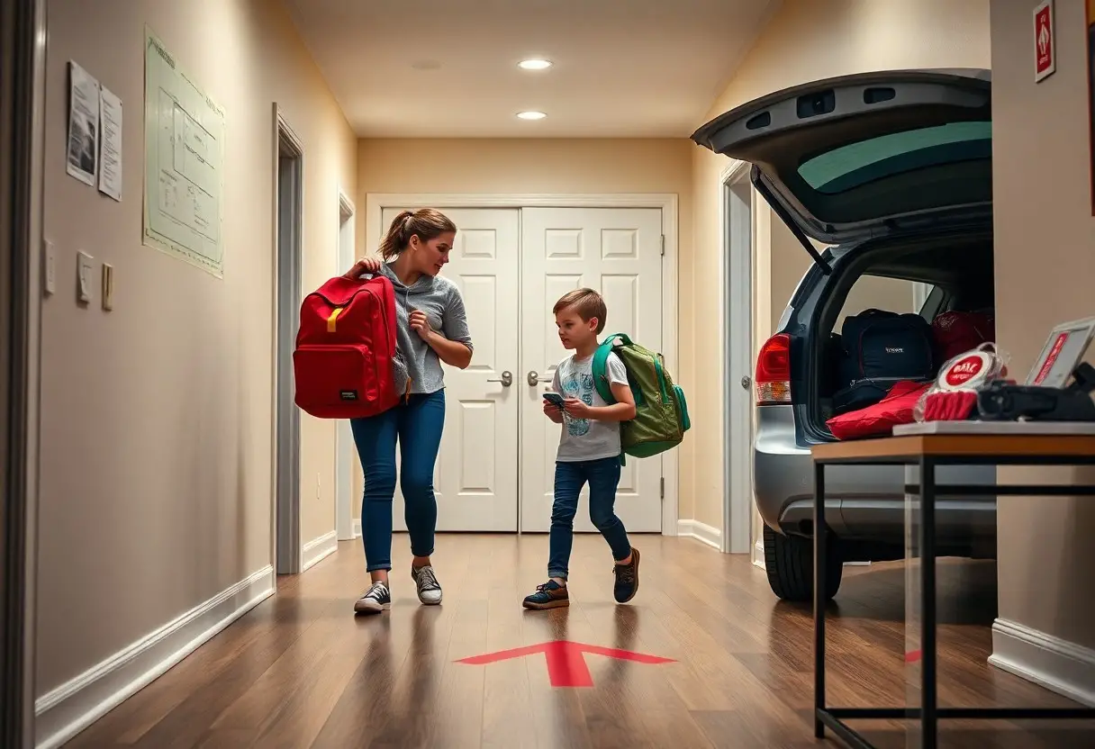 A woman and a child with backpacks walk down a hallway toward a car with its trunk open, preparing to leave.