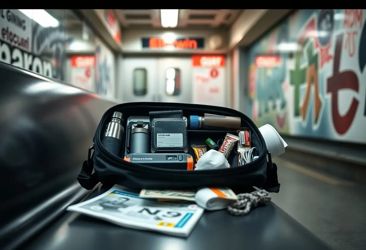 A black bag containing various travel items sits open on a subway bench, with a train and graffiti-covered walls in the background.