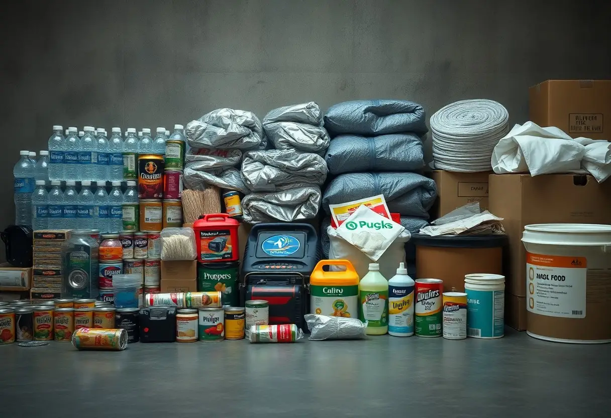 A variety of emergency supplies including bottled water, canned food, blankets, first aid kits, cleaning products, and storage containers arranged against a plain wall.