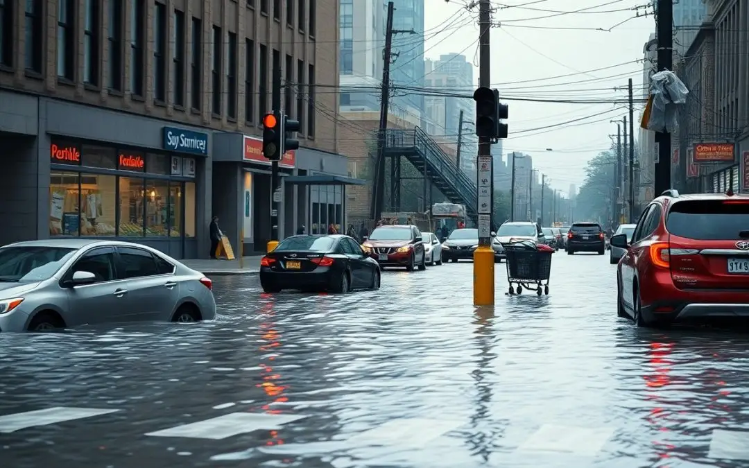 Cars drive through a flooded city street with water covering the road up to tire level; traffic lights and storefronts are visible in the background.