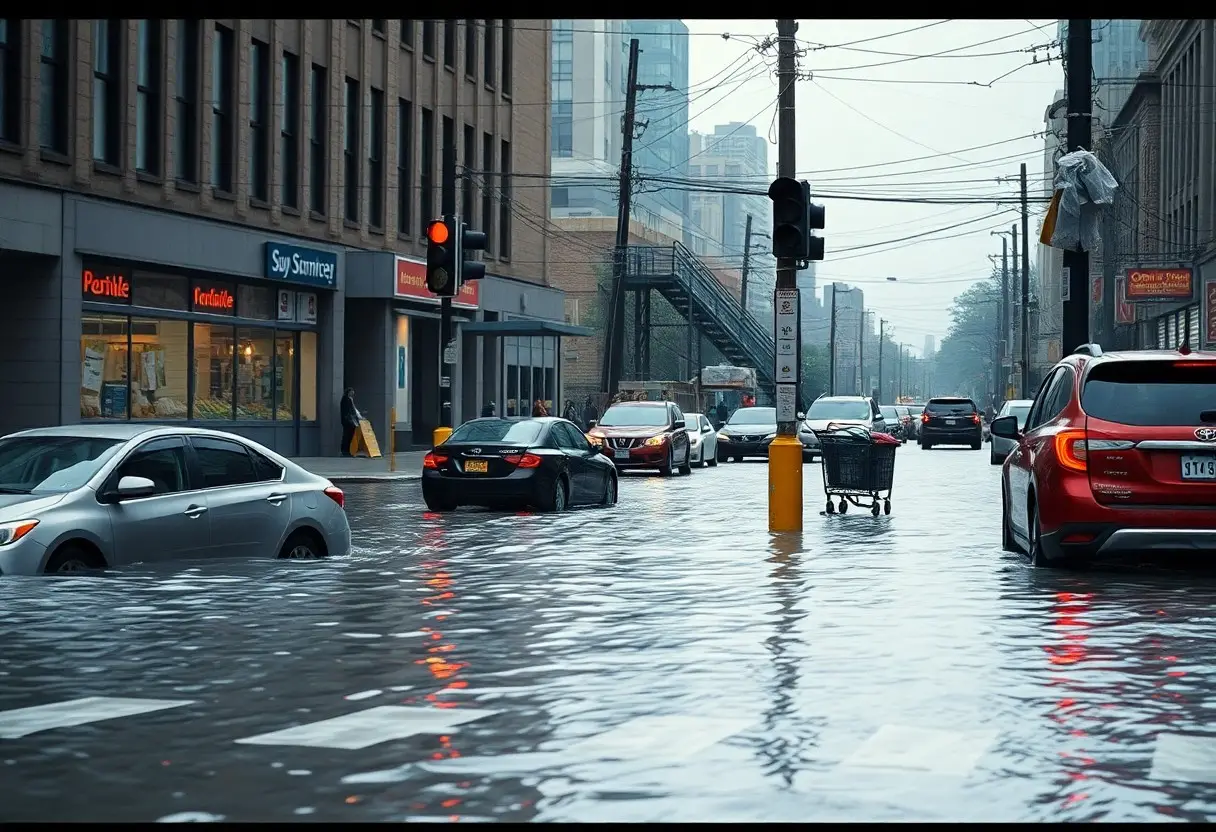 Cars drive through a flooded city street with water covering the road up to tire level; traffic lights and storefronts are visible in the background.