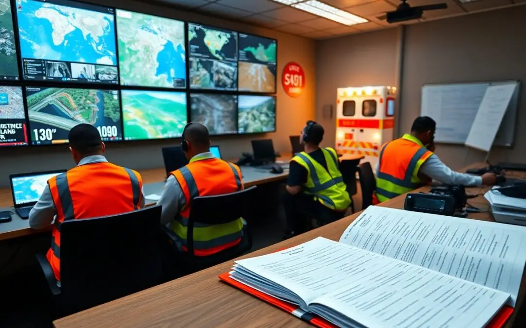 Three people in safety vests monitor multiple screens in a control room; a manual and whiteboard are visible in the foreground.