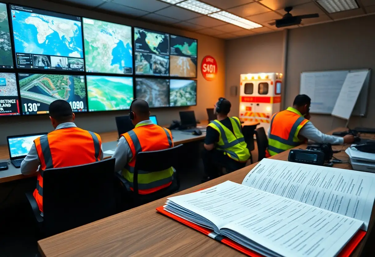 Three people in safety vests monitor multiple screens in a control room; a manual and whiteboard are visible in the foreground.